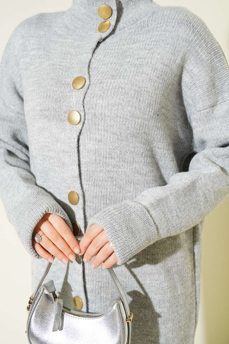 Metal Gold Button Long Knit Cardigan Grey – Image 4