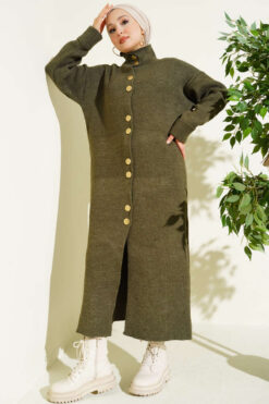 Alternative view of Metal Gold Button Long Knit Cardigan Khaki