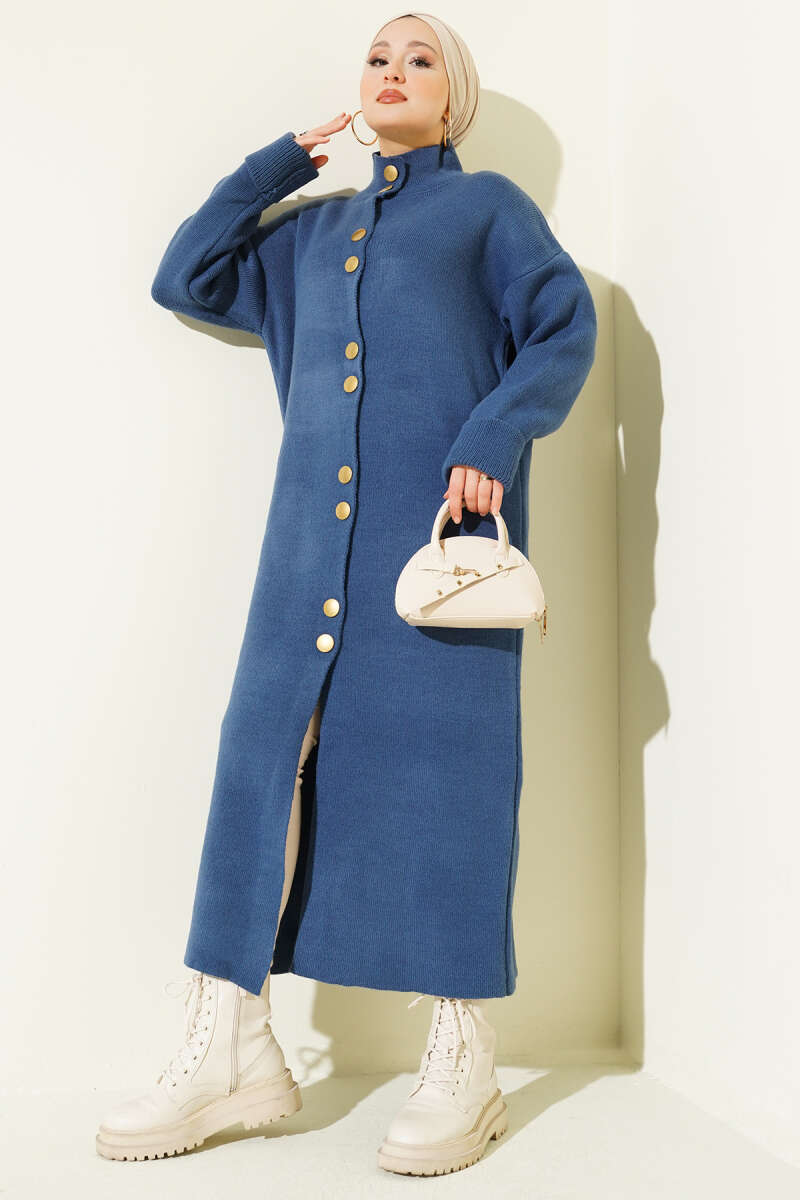 Metal Gold Button Long Knit Cardigan Indigo