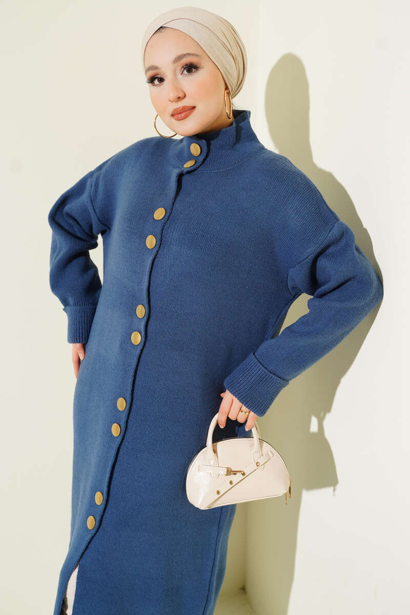 Metal Gold Button Long Knit Cardigan Indigo – Image 2