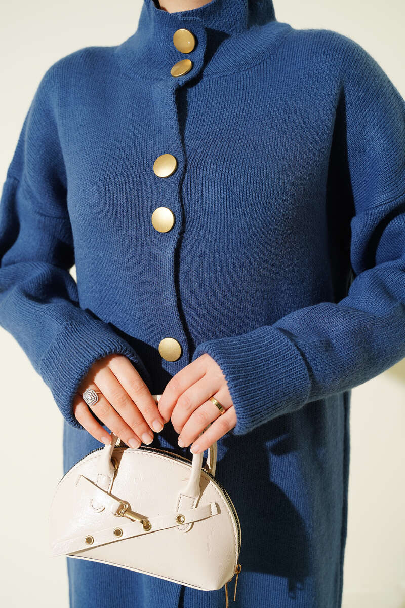 Metal Gold Button Long Knit Cardigan Indigo – Image 4