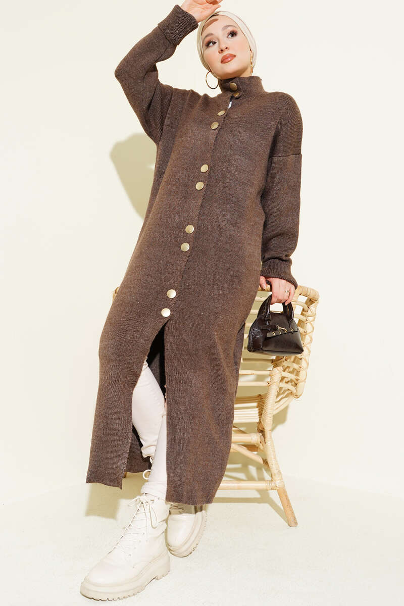 Metal Gold Button Long Knit Cardigan Brown