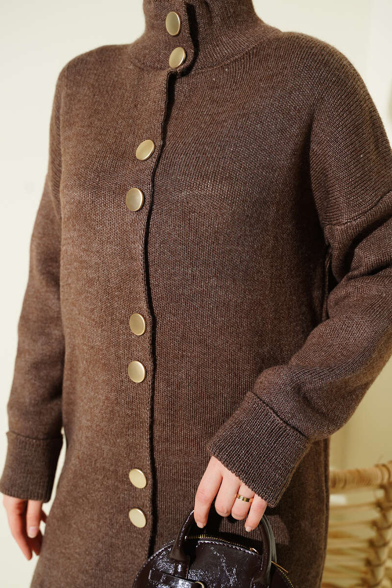 Metal Gold Button Long Knit Cardigan Brown – Image 4