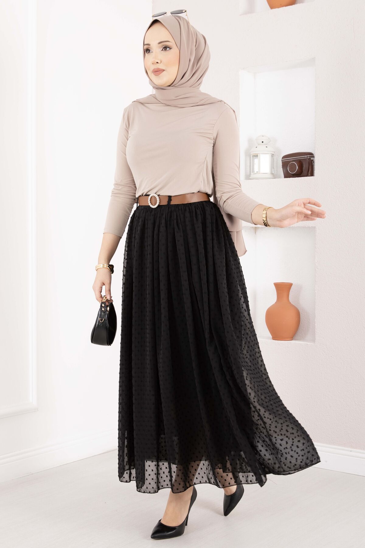 Mini Polka Dot Belted Tulle Skirt Black