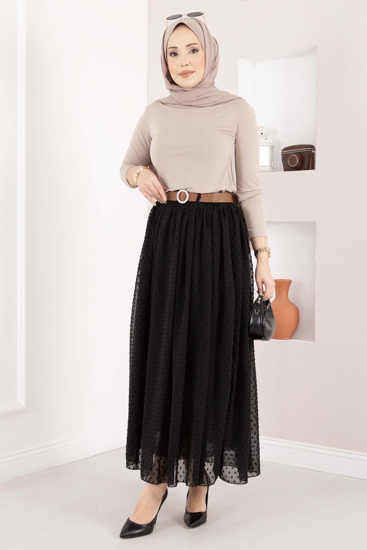 Mini Polka Dot Belted Tulle Skirt Black - الصورة 3