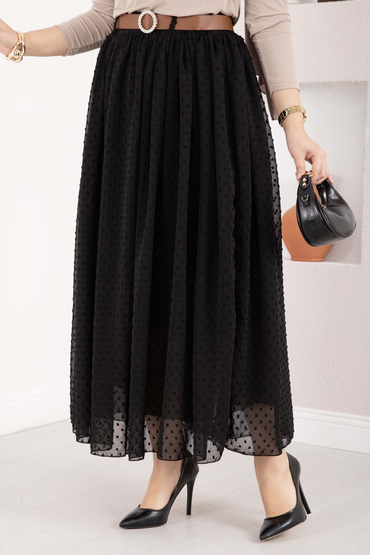 Mini Polka Dot Belted Tulle Skirt Black - الصورة 2
