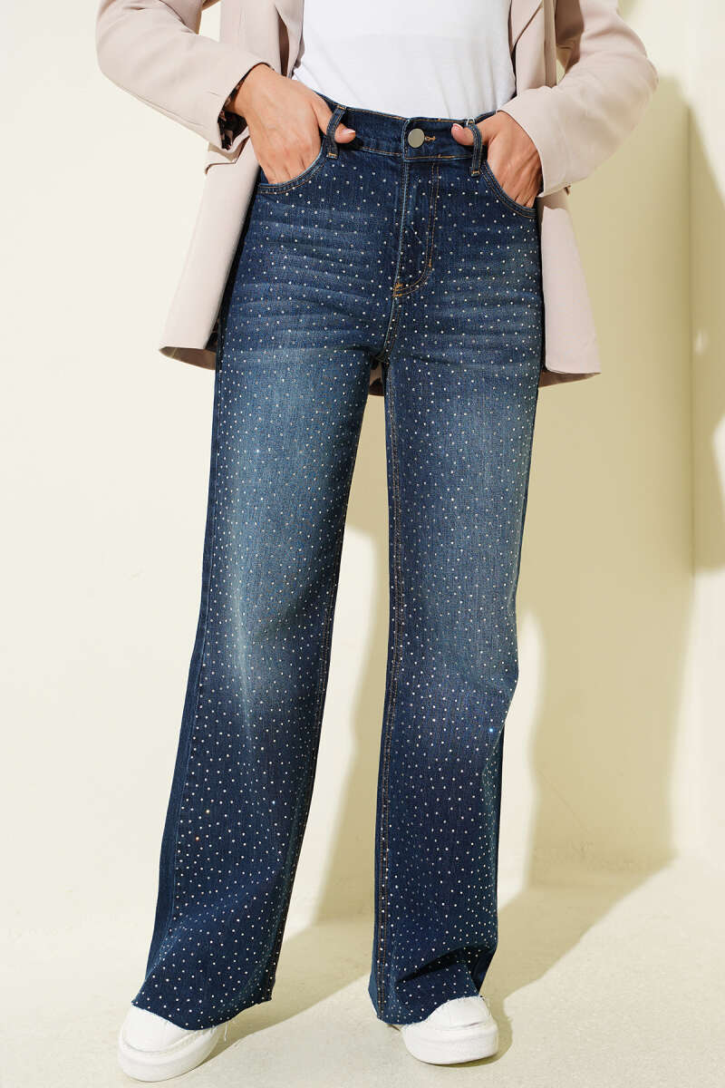 Striped Embellished Cut-Off Hem Trousers Navy Blue