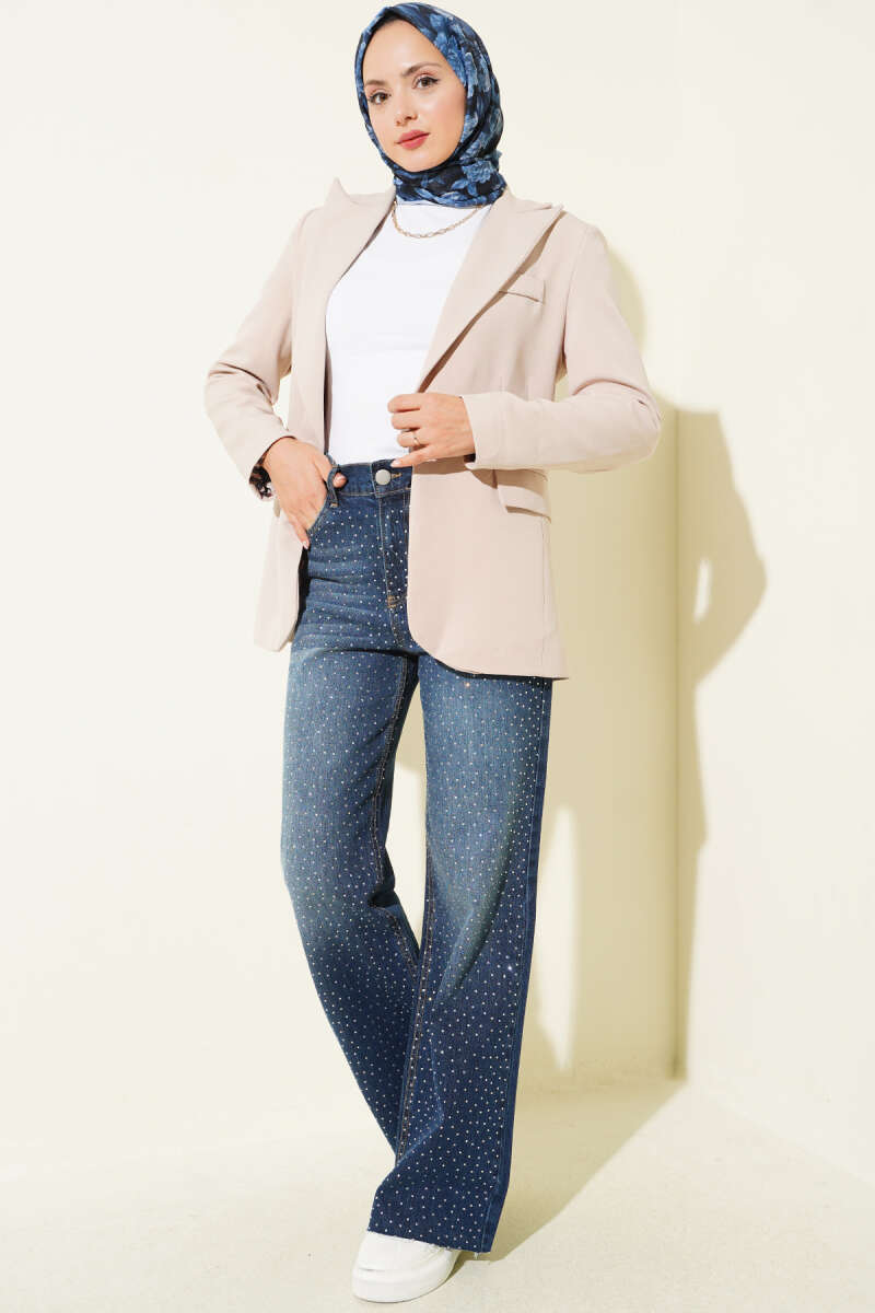 Striped Embellished Cut-Off Hem Trousers Navy Blue - Afbeelding 2