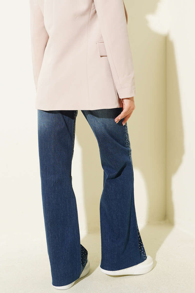 Striped Embellished Cut-Off Hem Trousers Navy Blue - Afbeelding 3