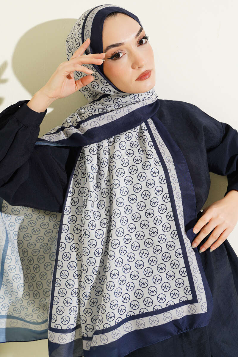MK Pattern Liva Modal Scarf Navy Blue - Image 5