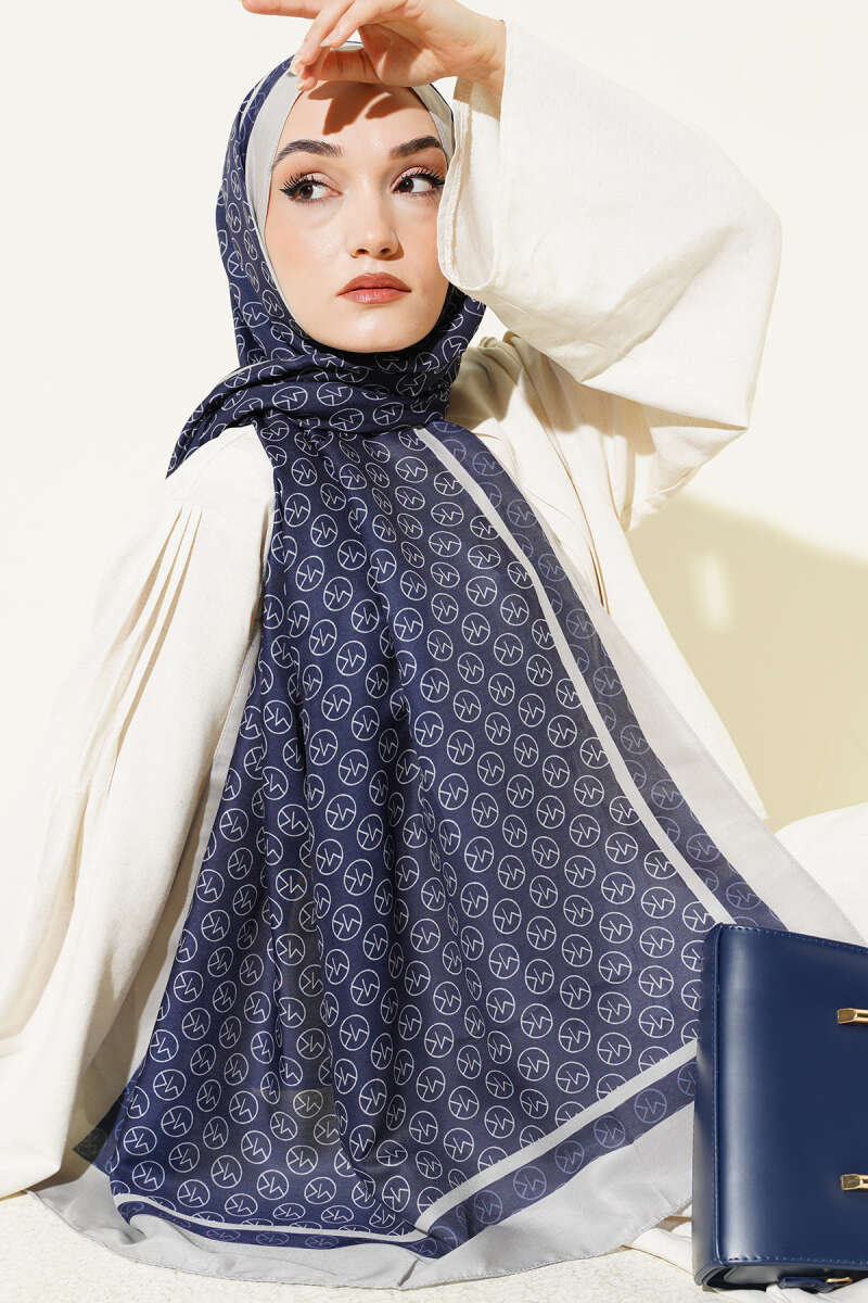 MK Pattern Liva Modal Scarf Navy Blue - Image 2