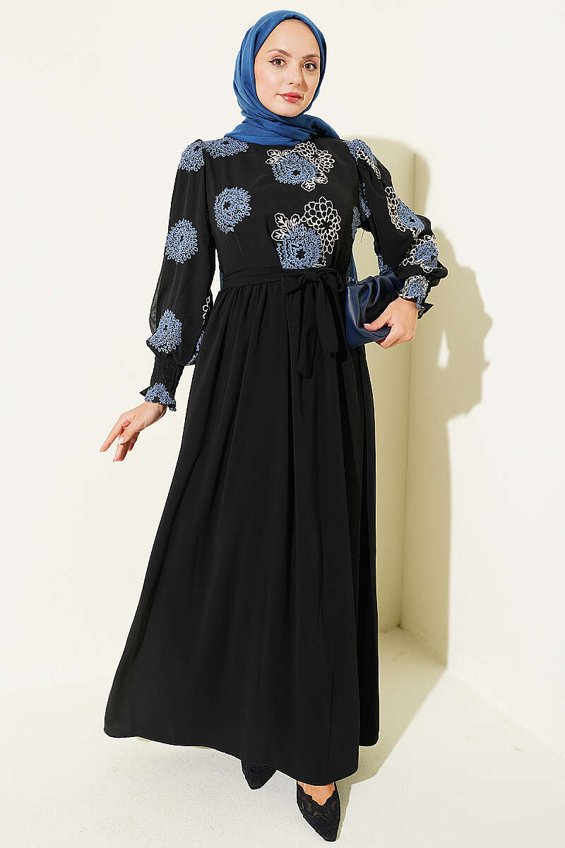 Embroidered Front Detail Dress with Ankle Lace Trim Blue