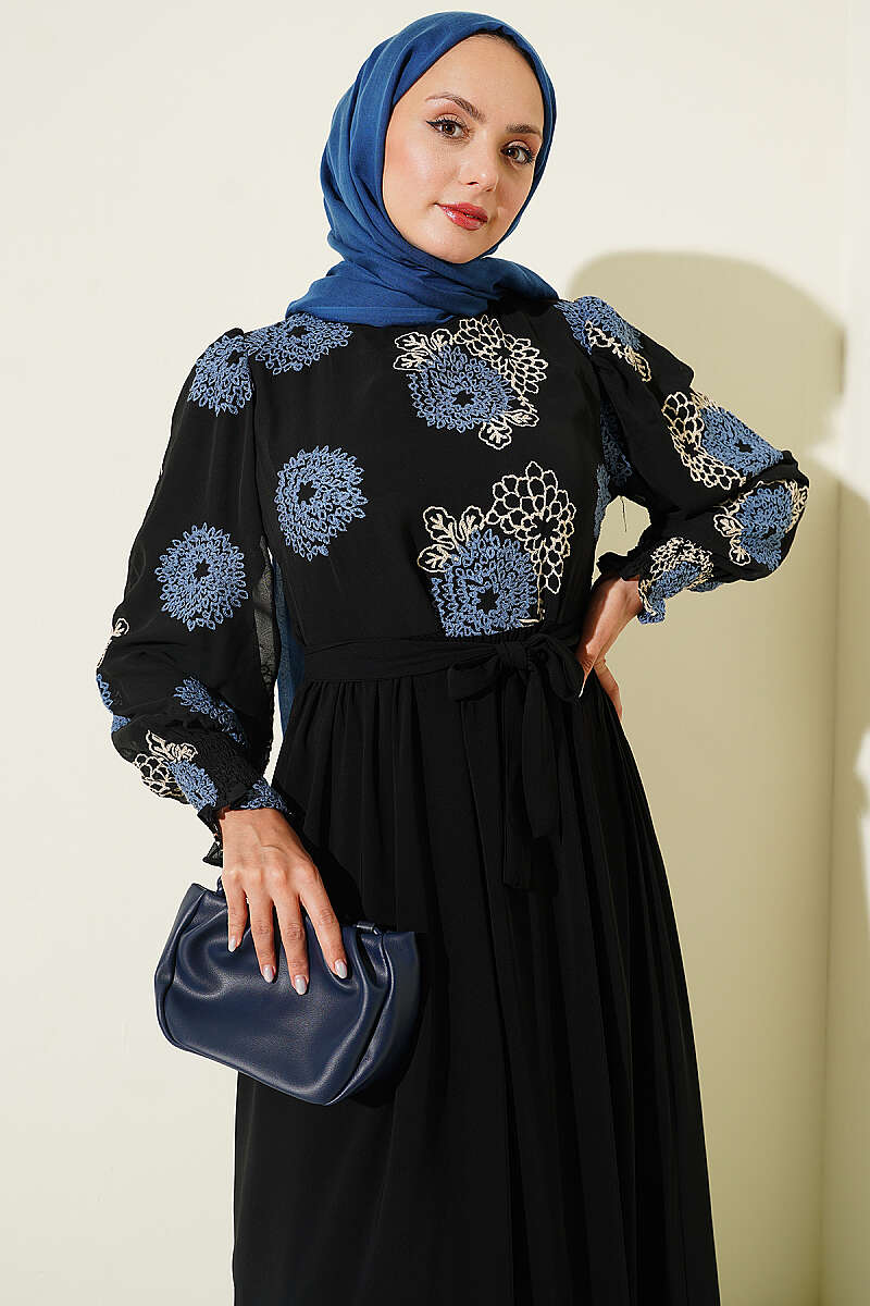 Embroidered Front Detail Dress with Ankle Lace Trim Blue - Image 2
