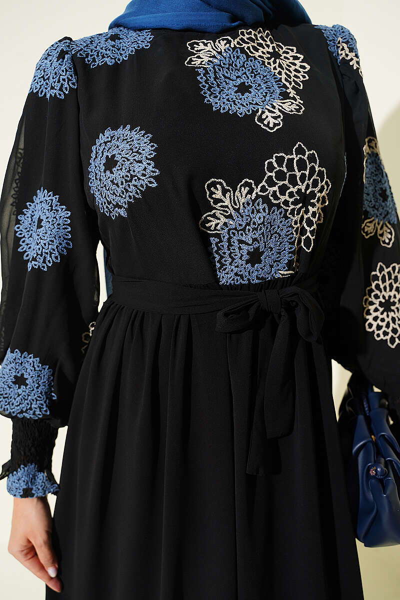 Embroidered Front Detail Dress with Ankle Lace Trim Blue - Image 4