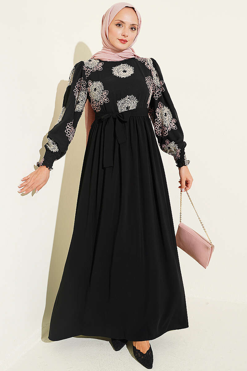 Embroidered Front Detail Dress with Ankle Lace Trim Powder Pink