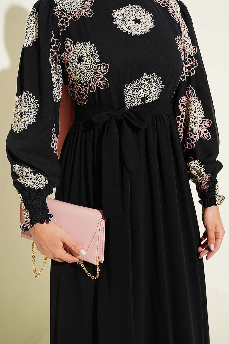 Embroidered Front Detail Dress with Ankle Lace Trim Powder Pink - Image 4