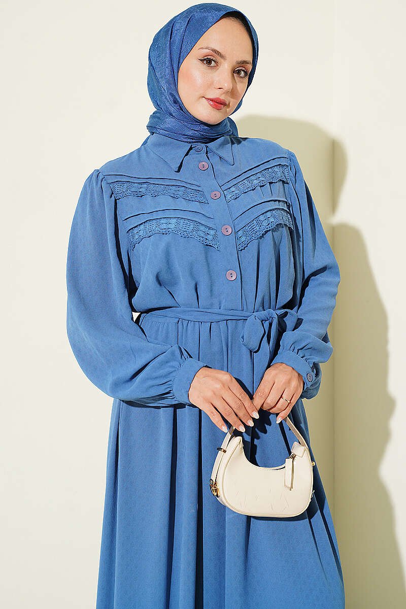 Ribbed Lace Detail Dress Blue – Bild 2