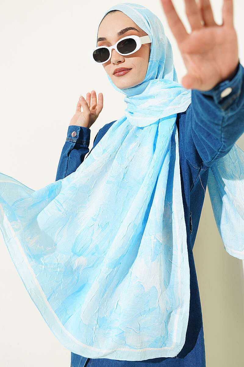 Bamboo Crinkle Shawl with Nilufer Pattern Ice Blue