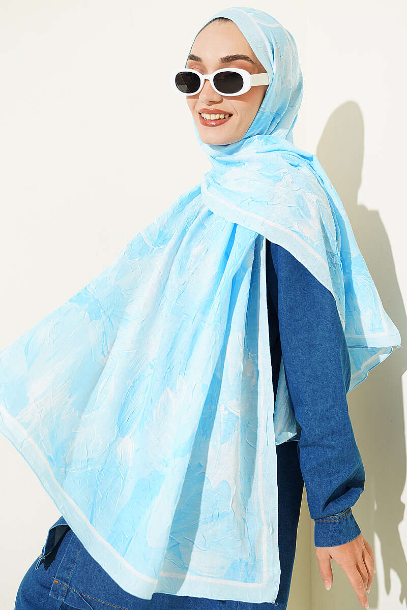 Bamboo Crinkle Shawl with Nilufer Pattern Ice Blue - Image 2