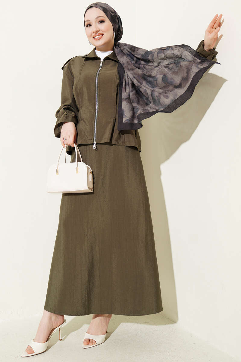 Shoulder Epaulet Waist Tied Hem Edge Skirt Two-Piece Set Khaki