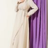 Shoulder Gathered Gold Buckle Tencel Dress Beige