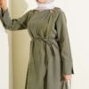 Shoulder Gathered Gold Buckle Tencel Dress Khaki - Image 2