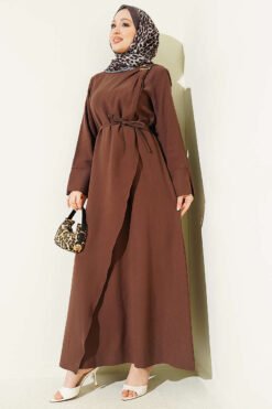 Alternative view of Shoulder Gathered Gold Buckle Tencel Dress Brown