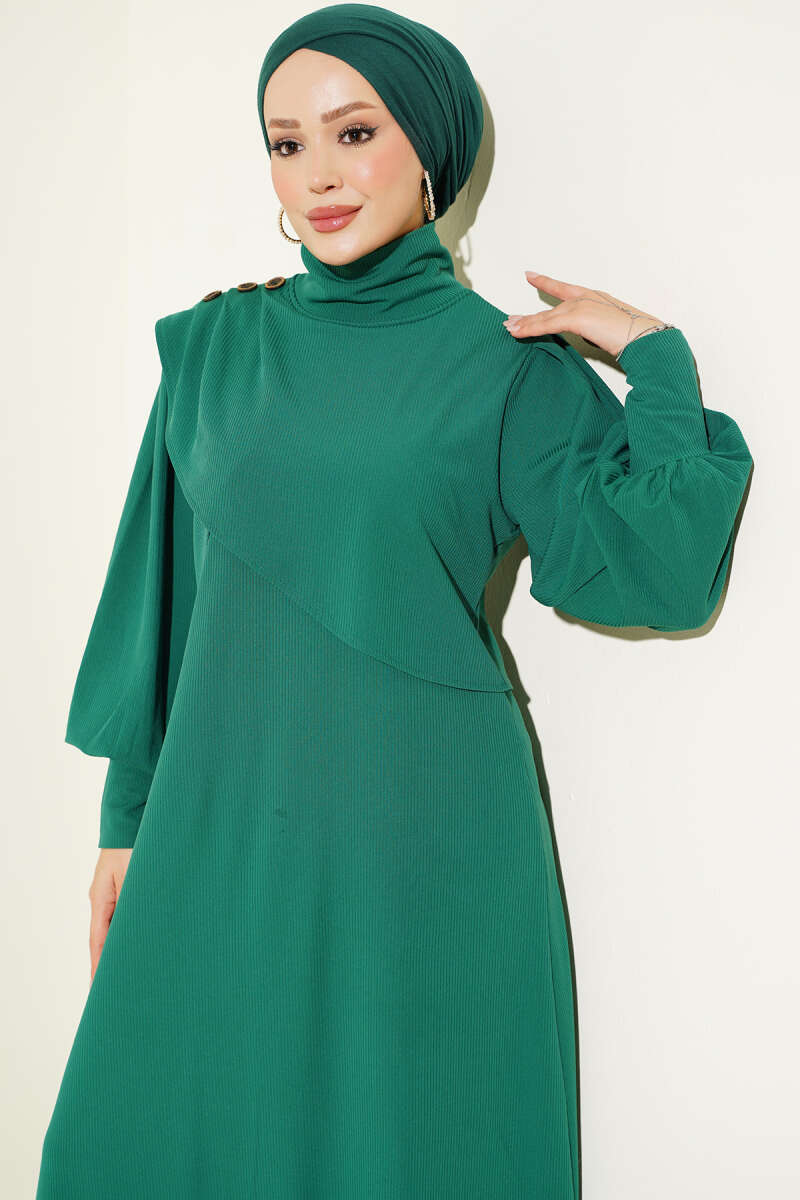Button Shoulder Knit Dress Green - immagine 2
