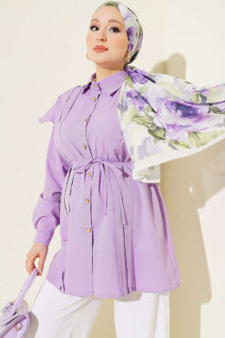 Ruffled Shoulder Belted Shirt Lilac