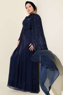 Shoulder Cape Embellished Evening Dress Navy Blue