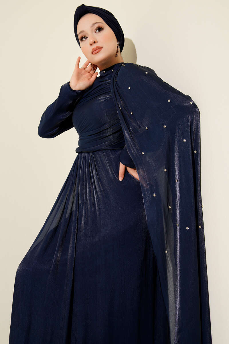 Shoulder Cape Embellished Evening Dress Navy Blue – Image 2