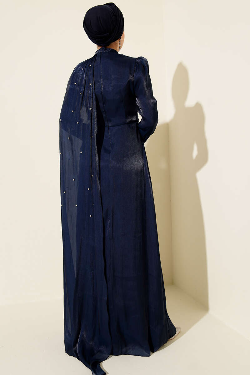 Shoulder Cape Embellished Evening Dress Navy Blue – Image 3