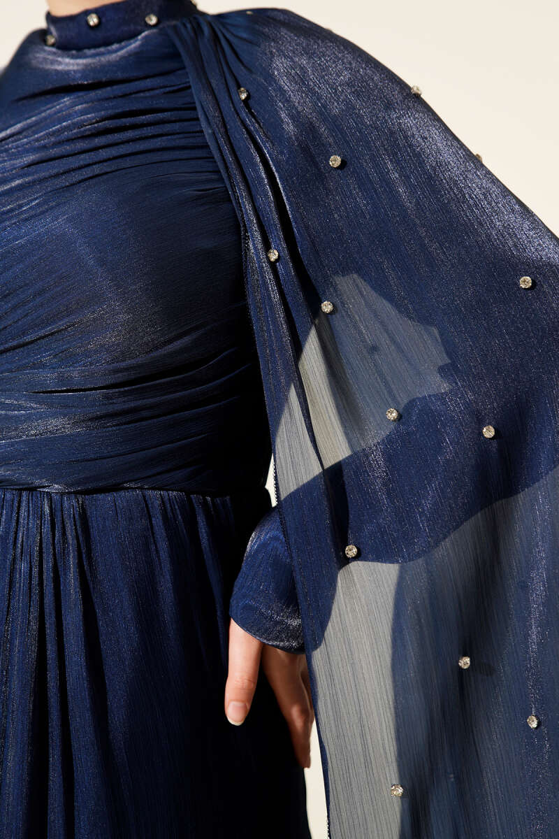 Shoulder Cape Embellished Evening Dress Navy Blue – Image 4