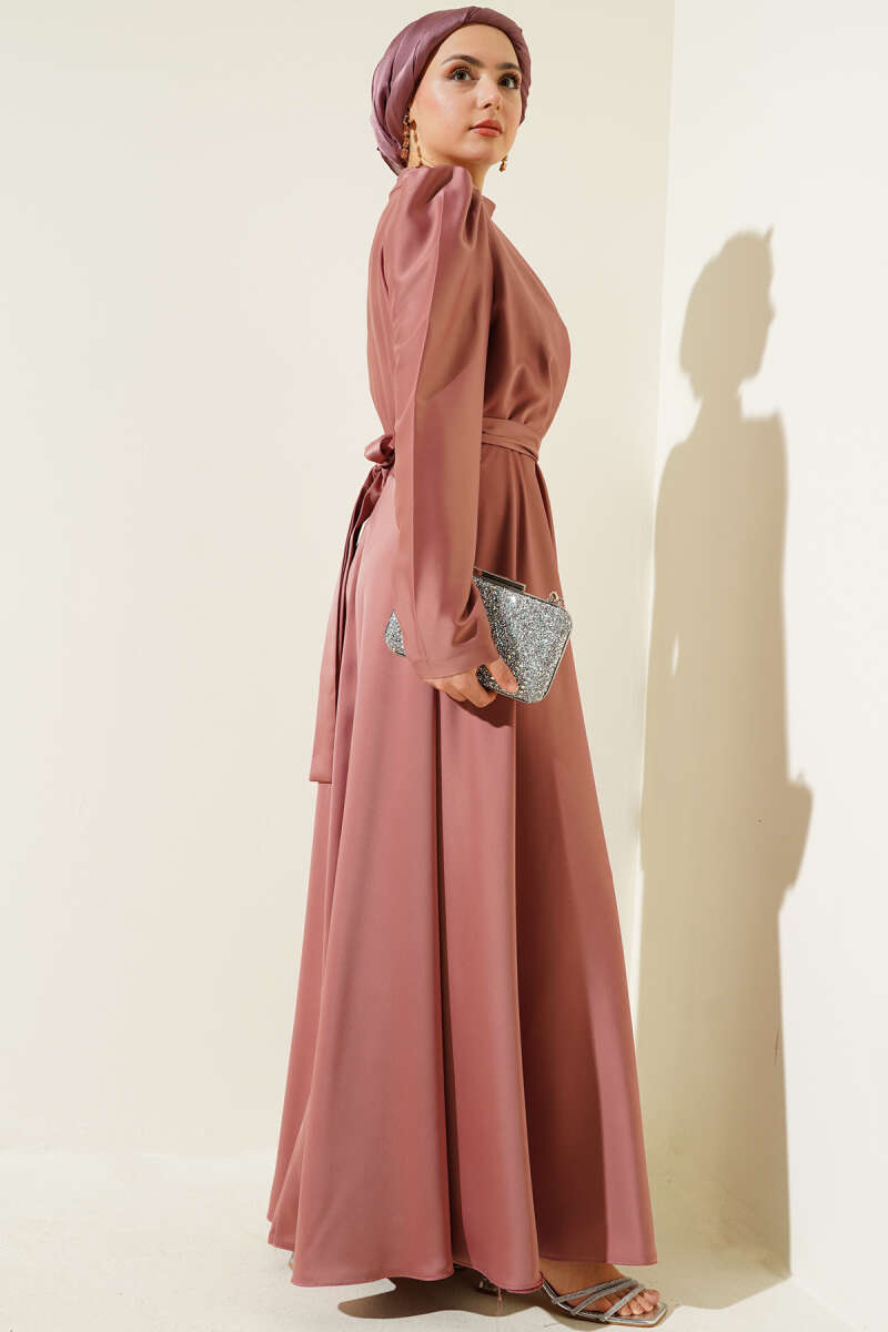 Satin Evening Dress with Shoulder Stones Rose Dust - الصورة 3