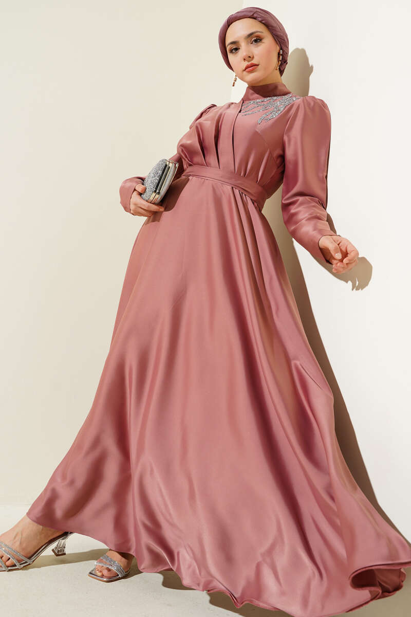 Satin Evening Dress with Shoulder Stones Rose Dust