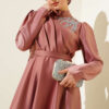 Satin Evening Dress with Shoulder Stones Rose Dust - الصورة 2