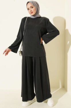 Shoulder Padded Waist-Drawstring Synthetic Two-Piece Set Anthracite