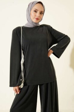 Alternative view of Shoulder Padded Waist-Drawstring Synthetic Two-Piece Set Anthracite