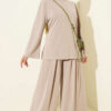 Shoulder Padded Waist-Drawstring Synthetic Two-Piece Set Beige