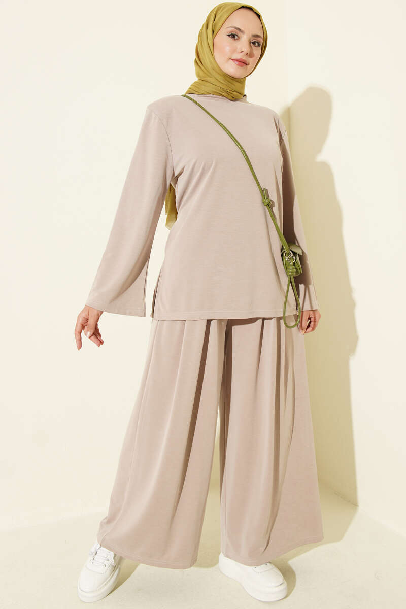 Shoulder Padded Waist-Drawstring Synthetic Two-Piece Set Beige