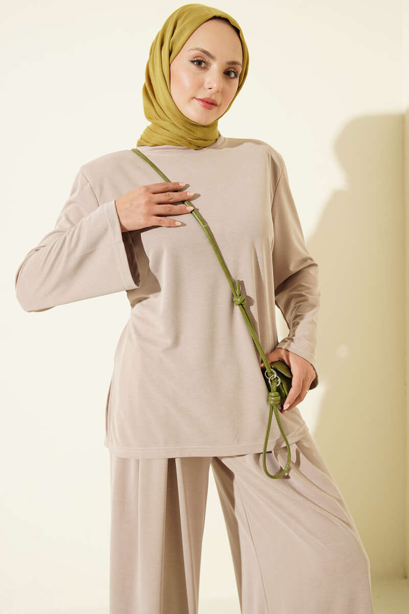 Shoulder Padded Waist-Drawstring Synthetic Two-Piece Set Beige - immagine 2