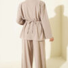 Shoulder Padded Waist-Drawstring Synthetic Two-Piece Set Beige - immagine 3