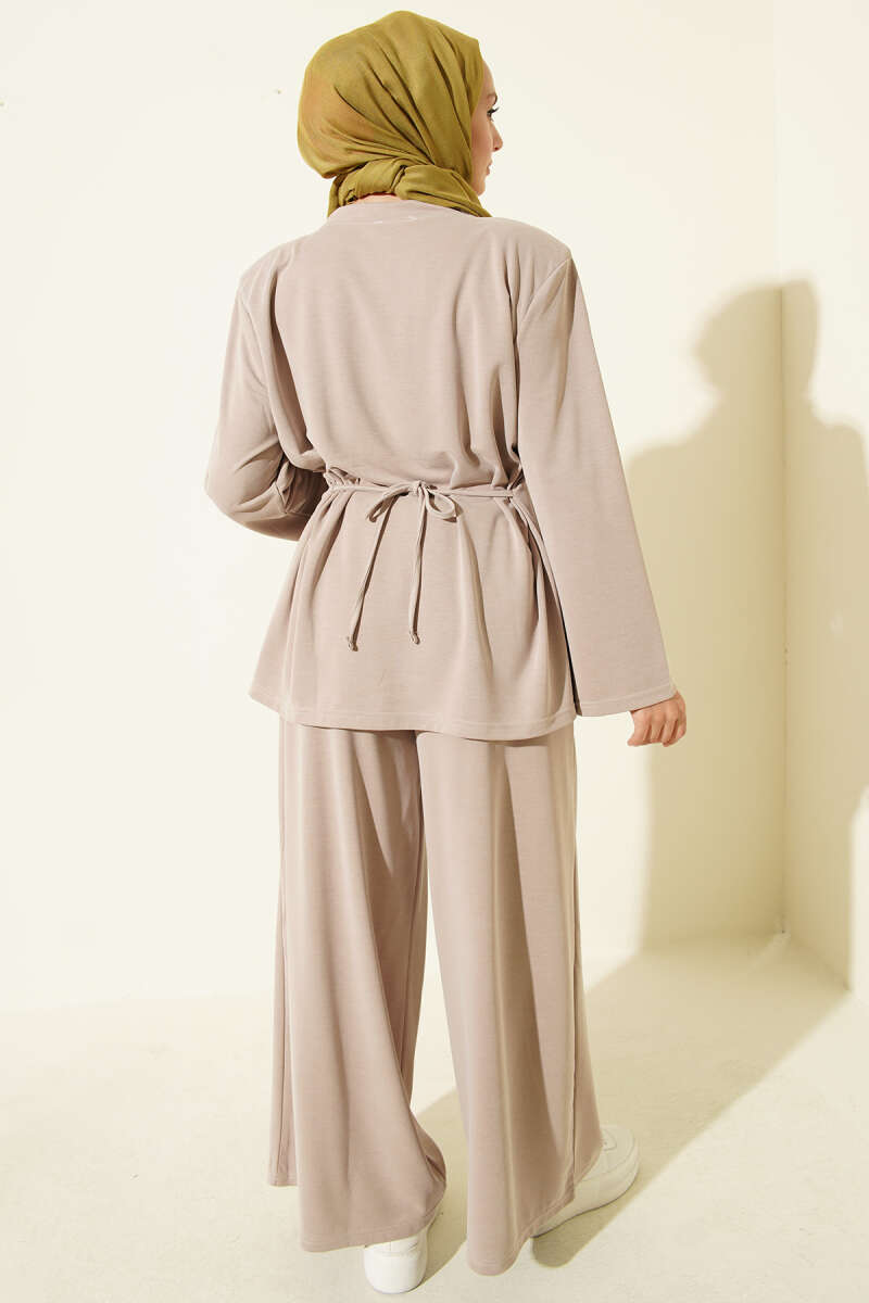 Shoulder Padded Waist-Drawstring Synthetic Two-Piece Set Beige - immagine 3