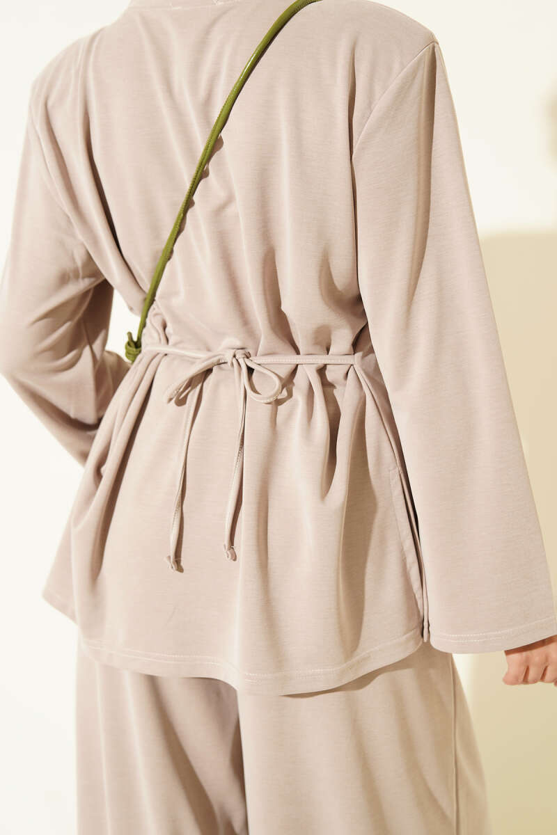 Shoulder Padded Waist-Drawstring Synthetic Two-Piece Set Beige - immagine 4