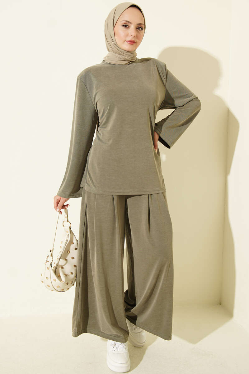 Shoulder Padded Waist-Drawstring Synthetic Two-Piece Set Khaki