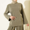 Shoulder Padded Waist-Drawstring Synthetic Two-Piece Set Khaki - الصورة 2