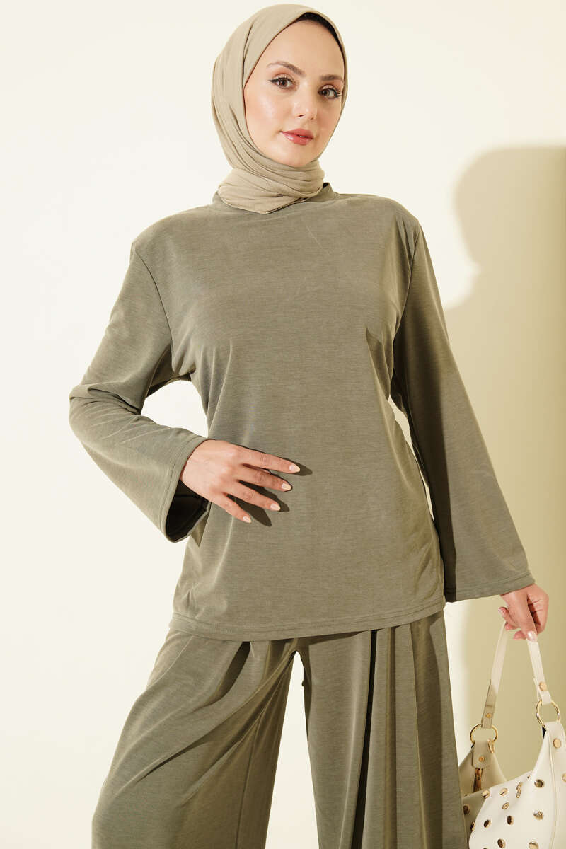 Shoulder Padded Waist-Drawstring Synthetic Two-Piece Set Khaki - الصورة 2
