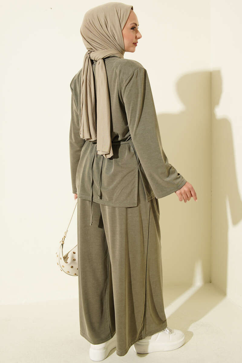 Shoulder Padded Waist-Drawstring Synthetic Two-Piece Set Khaki - الصورة 3
