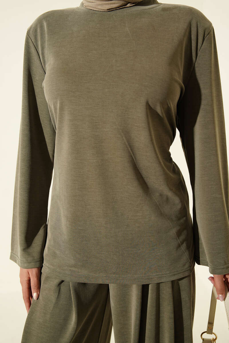 Shoulder Padded Waist-Drawstring Synthetic Two-Piece Set Khaki - الصورة 4