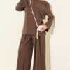 Shoulder Padded Waist-Drawstring Synthetic Two-Piece Set Brown